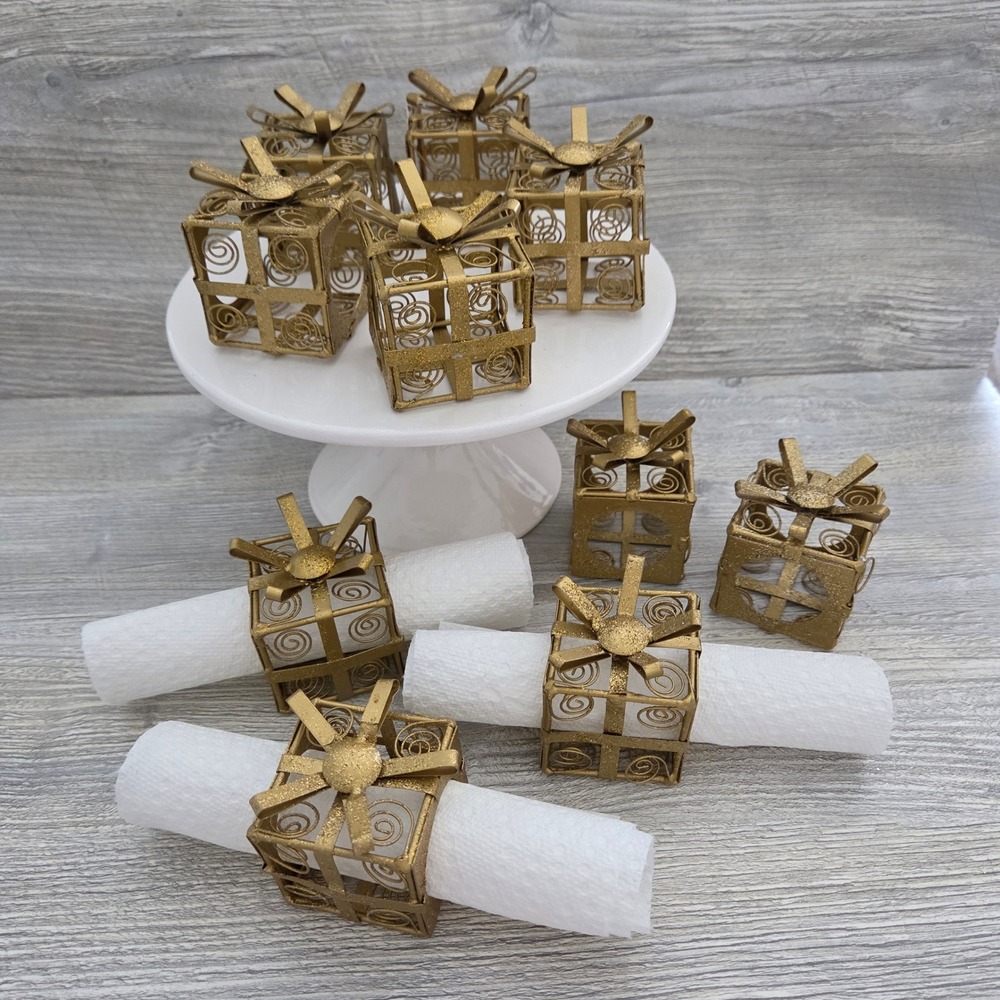 Napkin Rings Gold Gift Box Filigree Glitter Holiday Decor Set of 10 Christmas